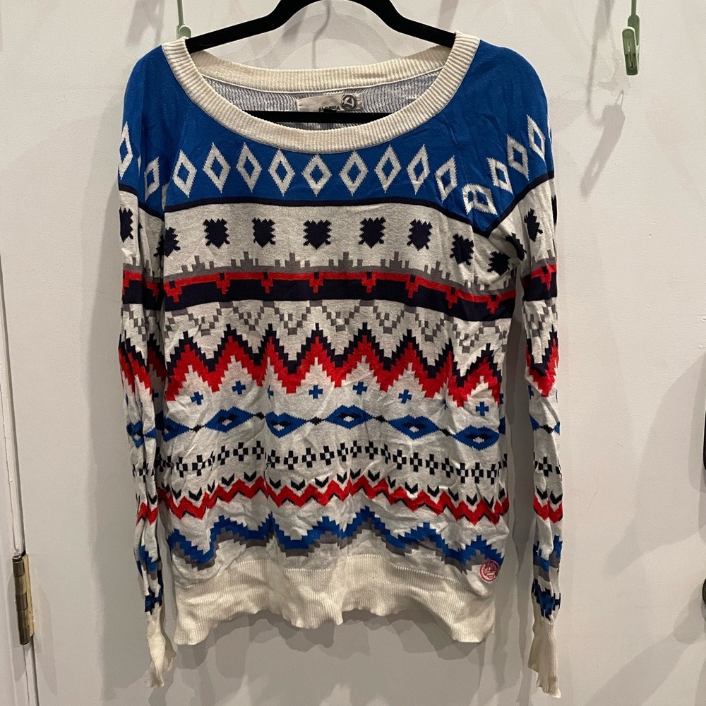 Nordic-Inspired Blue and Red Crew Neck Sweater
